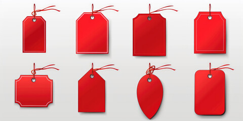 Poster - Set of red tags hanging from a string. Perfect for labeling items in a retail store or organizing inventory
