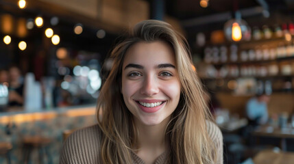 Poster - A woman with long brown hair smiling at the camera. Suitable for various projects