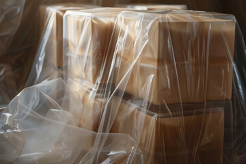 Aufkleber - Boxes covered in plastic wrapping, versatile for various uses.