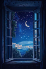 Poster - Night sky view through an open window. Perfect for background use