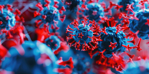 Poster - Illustration of red and blue corona cells, suitable for medical and scientific projects