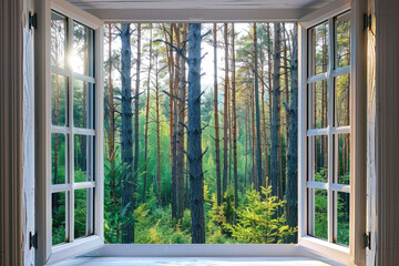 Poster - A peaceful forest view through an open window. Suitable for nature and relaxation concepts