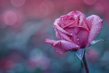 Poster - A beautiful pink rose covered in sparkling water droplets. Ideal for romantic themes or nature concepts