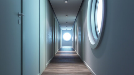 Poster - A long hallway featuring a round mirror on the wall. Ideal for interior design concepts