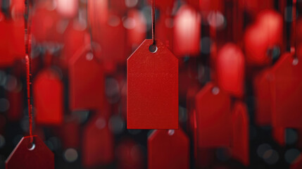 Poster - Red tags hanging from strings, perfect for retail or organization concepts
