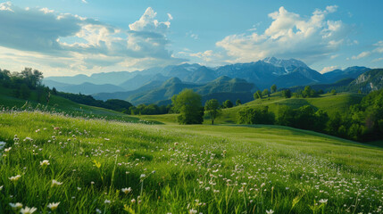 Aufkleber - Scenic view of a green field with white flowers and mountains in the background. Ideal for nature and landscape concepts