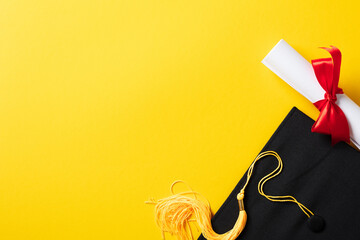 Wall Mural - Graduation hat and diploma on yellow background. Flat lay, top view.