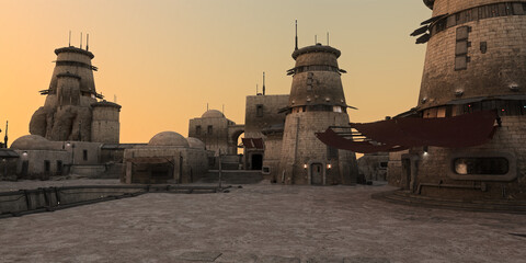 Poster - 3D rendered panorama of a fantasy alien outpost settlement at dusk with orange glow in the sky.