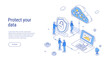 Security cloud storage. Internet security isometric concept. Isometric concept protection network and data. Data security, protection, management, server, access. 3d isometric vector illustration.