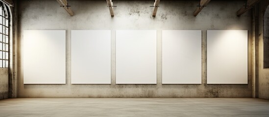 Poster - An empty room with hardwood flooring, a rectangle window with tinted glass, and fixtures on the walls for hanging posters. Tints and shades add depth to the space