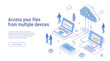 Cloud storage isometric. Computer service technology. Network infrastructure. Data server platform. Online devices upload, download information. Access your files from multiple devices