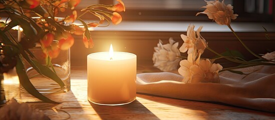 Canvas Print - A lit candle illuminates a wooden table, next to a beautiful vase of flowers. This still life photography captures the ambiance of the room