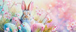 illustration of a pretty easter background with an easter bunny in a pastel colored easter scenery