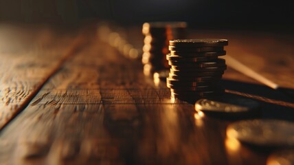 Wall Mural - Stacks of golden coins on a wooden table with a dark ambiance