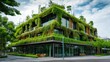 A contemporary office building featuring lush vertical gardens and eco-friendly architecture under a clear blue sky. AIG41