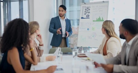 Poster - Meeting, presentation and man with business people and statistics, graph and financial chart in office. Teamwork, corporate and men and women in discussion for research, planning and project review