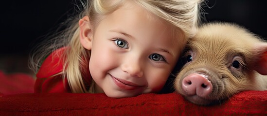 Sticker - A little girl with a smile on her face is lying next to a pig on a red blanket, their cheeks touching. The pigs nose nuzzles her chin, making her happy