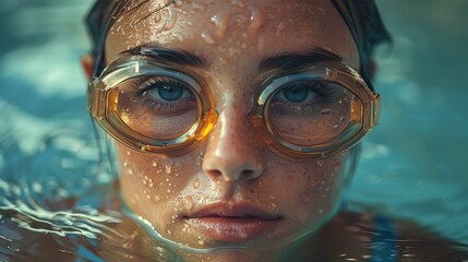 Wall Mural - Close-up of a person with wet skin wearing orange goggles partially submerged in blue water