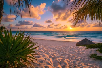 Wall Mural - The sun is setting on the beach with palm trees