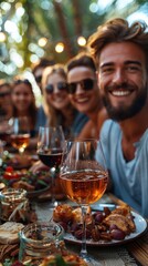 Wall Mural - Group of happy friends enjoying an outdoor meal together, with wine, laughter, and sunshine present
