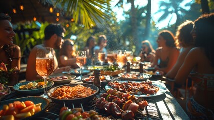 Wall Mural - Group of people enjoying a social gathering with food and drinks at an outdoor tropical setting
