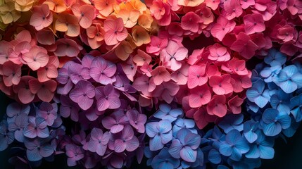 Wall Mural - Image displays a vibrant array of multicolored hydrangea flowers transitioning from blue to pink tones