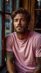 Wall Mural - Man with tattoos sits by a window, pensively looking away, wearing a pink t-shirt