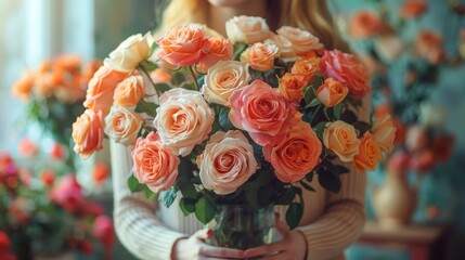 Wall Mural - Person holds a large bouquet of beautiful pink and orange roses in a clear vase