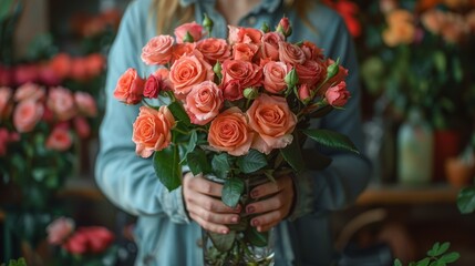 Wall Mural - Person holding a large bouquet of pink and orange roses, standing in a flower shop