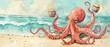 Produce a charming octopus juggling cupcakes on a sunny beach. watercolor tone