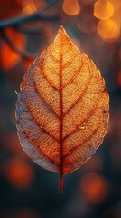 Wall Mural - Single autumn leaf with intricate veins illuminated against a blurred background of warm, glowing bokeh