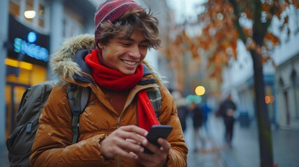 Canvas Print - Smiling person in a warm jacket and red scarf is using a smartphone on a street