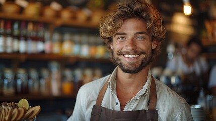 Canvas Print - Smiling man with tousled hair, wearing an apron, stands in a cozy, well-lit cafe setting