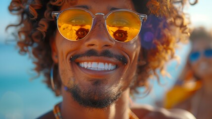 Wall Mural - Smiling person with curly hair wearing sunglasses reflecting the sun and sky, looking cheerful