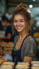 Wall Mural - Smiling woman with a bun hairstyle stands in front of containers filled with fresh apricots