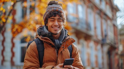 Wall Mural - Smiling young man wearing a winter hat and jacket looks at his smartphone outdoors