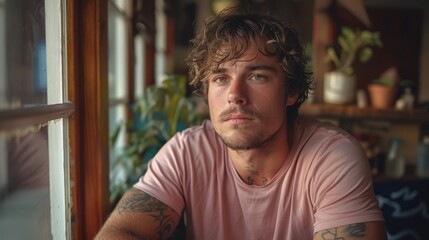 Wall Mural - Tattooed man in a pink shirt gazing thoughtfully near a window with plants behind