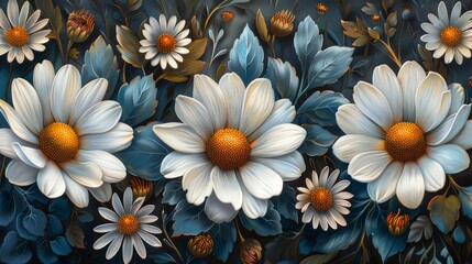 Wall Mural - This image shows a detailed digital artwork of blooming white and blue flowers with textured petals