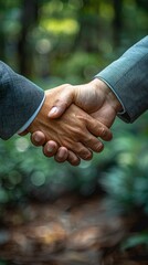 Two individuals are shaking hands in a forest setting, symbolizing agreement, cooperation, or greeting