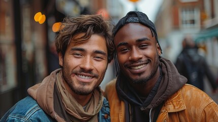 Sticker - Two smiling men posing for a photo on a busy street with blurred background lights