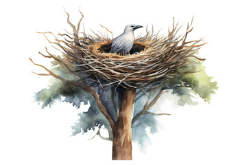nest top sticks eagle nest hand drawn bird tree wildlife big nature illustration bird element tree stork top branches watercolor