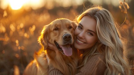 Wall Mural - Woman and a golden retriever dog are happily posing together in a sunlit golden field