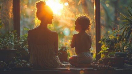 Wall Mural - Woman and a child are sitting together, bathed in warm sunlight near a window, indoors