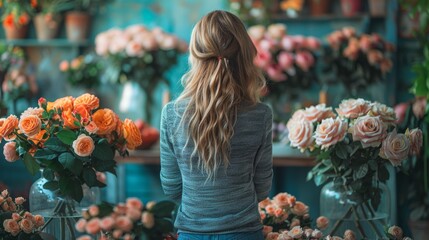 Wall Mural - Woman with blond hair tied back stands facing a vibrant display of orange and pink roses