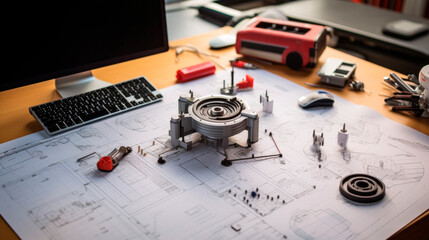 a table serves as a nexus of innovation, its surface arrayed with array of tools and a central deskt
