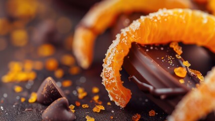 Wall Mural - Close-up of a candied orange slice atop dark chocolate with scattered pieces