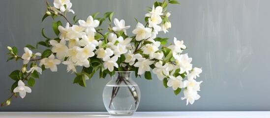 Canvas Print - Beautiful jasmine flowers in glass vase near white brick wall indoors.