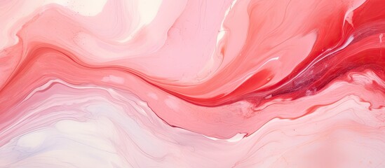 Poster - A detailed closeup of a pink and white marble texture resembling a mixture of watercolor paints in shades of magenta, peach, and petal pink