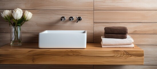 Canvas Print - A rectangular hardwood shelf made of plywood and stained wood, with towels and a sink, sits on the wooden floor of a cozy bathroom with a wooden ceiling