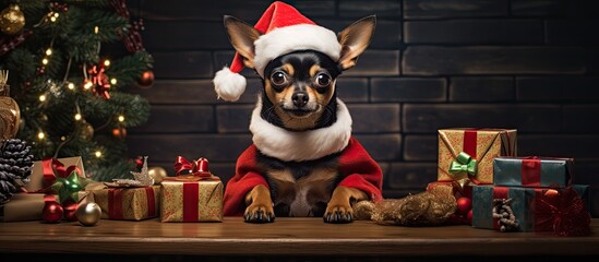 Wall Mural - A fawncolored Toy dog, dressed as Santa Claus, sits on a table surrounded by Christmas presents. This carnivorous Companion dog is wearing festive dog clothes for the holiday event